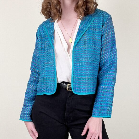 Vintage 100% Silk Woven Blazer Jacket Coat Cropped Open Boho Fairycore Whimsical - Picture 4 of 7